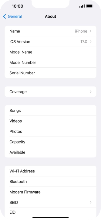 Your phone's software version is displayed next to iOS Version.