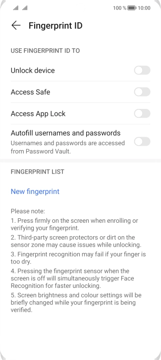 Press the indicators next to the required settings to turn them on or off.