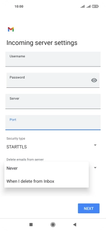 Press Never to keep email messages on the server when you delete them on your phone.