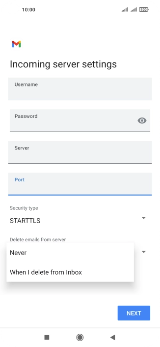 Press Never to keep email messages on the server when you delete them on your phone.