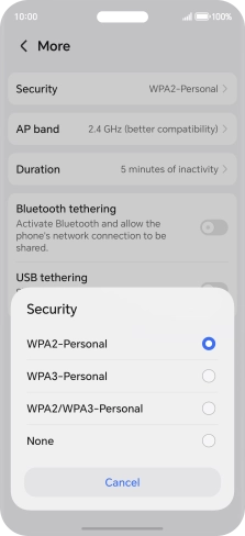 Press WPA3-Personal to password protect your Wi-Fi hotspot. Press WPA3-Personal to password protect your Wi-Fi hotspot.