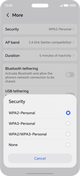 Press WPA3-Personal to password protect your Wi-Fi hotspot. Press WPA3-Personal to password protect your Wi-Fi hotspot.