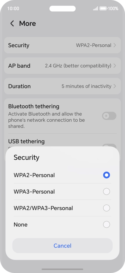 Press WPA3-Personal to password protect your Wi-Fi hotspot. Press WPA3-Personal to password protect your Wi-Fi hotspot.