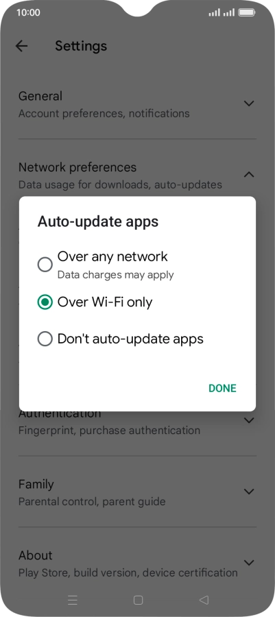 To turn on automatic update of apps using mobile network, press Over any network.
