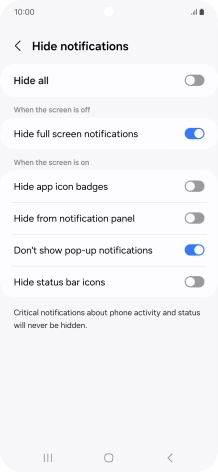 Press the indicators next to the required settings to turn display of the selected notification types on or off.