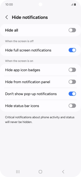 Press the indicators next to the required settings to turn display of the selected notification types on or off.