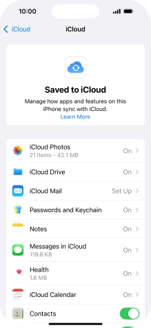 Press the indicators next to the required data types to turn synchronisation of each data type on or off.