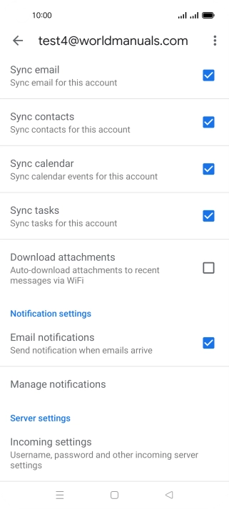 Press the fields next to the required data types to turn synchronisation on or off.