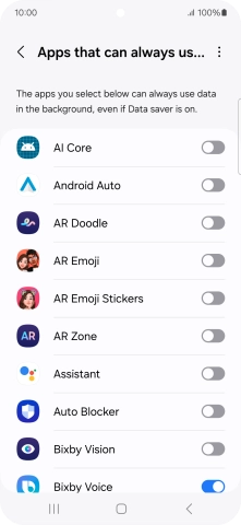 Press the indicators next to the required apps to turn the function on or off.
