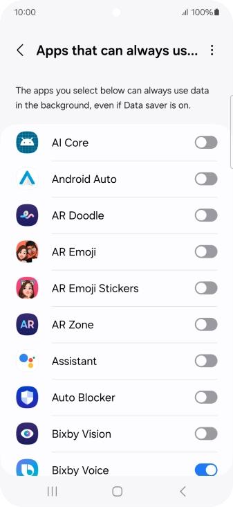 Press the indicators next to the required apps to turn the function on or off.
