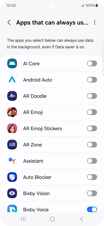 Press the indicators next to the required apps to turn the function on or off.