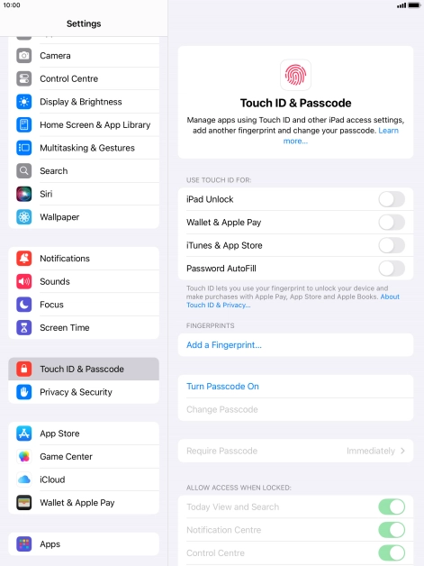 Press Turn Passcode On and key in a lock code of your own choice twice.