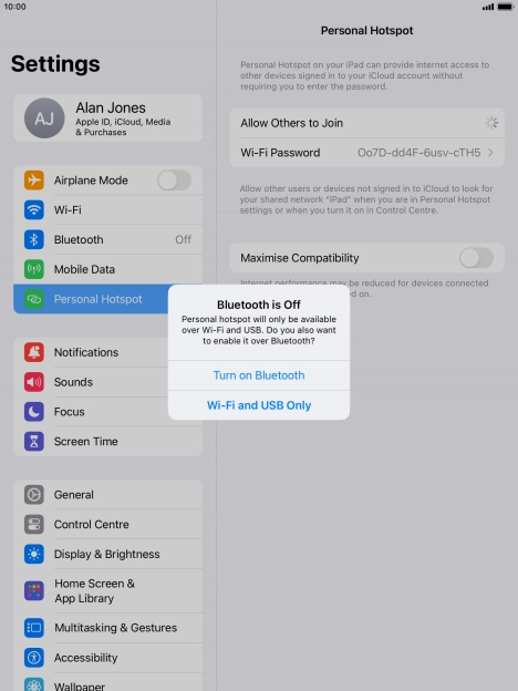 If Wi-Fi is turned on, press Wi-Fi and USB Only.