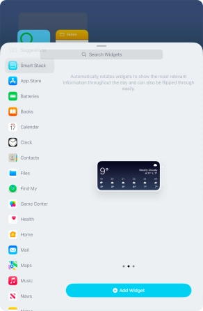Slide your finger right or left on the screen to select the required widget size.