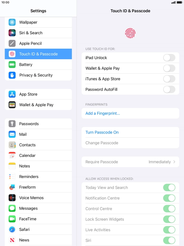 Press Turn Passcode On and key in a lock code of your own choice twice.