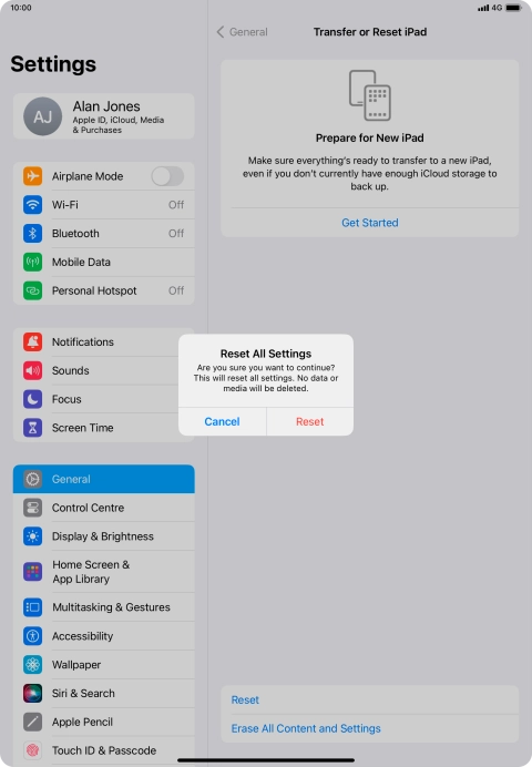 Press Reset. Wait a moment while the factory default settings are restored. Follow the instructions on the screen to set up your tablet and prepare it for use.