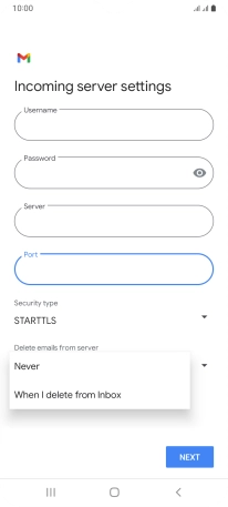 Press Never to keep email messages on the server when you delete them on your phone.
