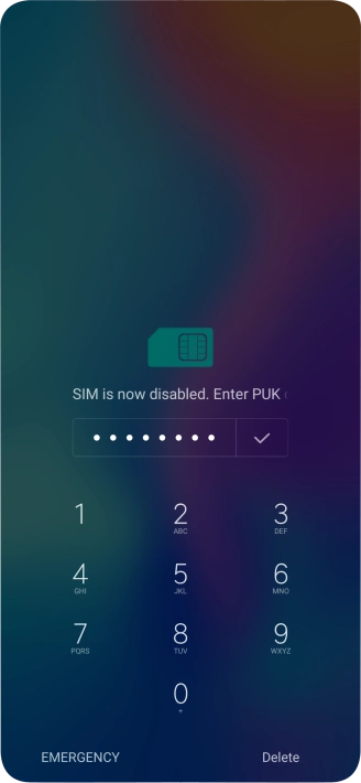Key in the PUK and press the confirm icon.