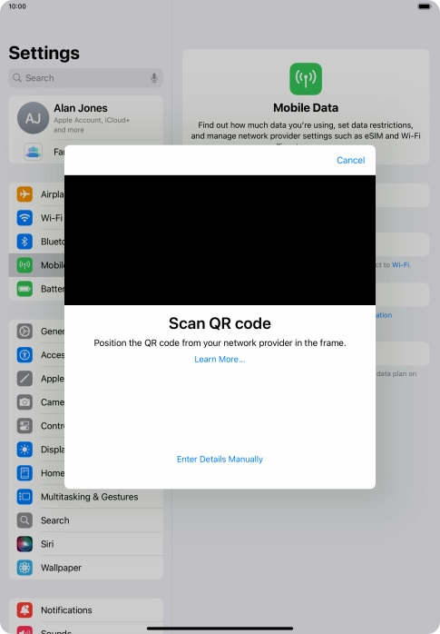 Place the QR code you've received inside the tablet camera frame to scan the code. Your eSIM is transferred to your new tablet over the internet.