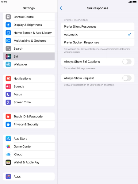 Press the required setting.