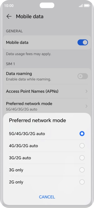 Press the required network mode.