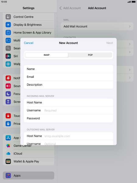 Press Username and key in the username for your email account.