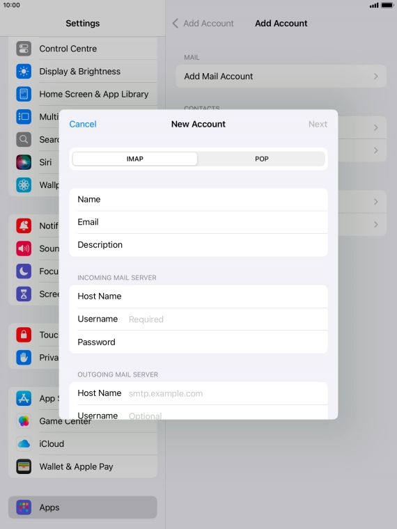 Press Username and key in the username for your email account.