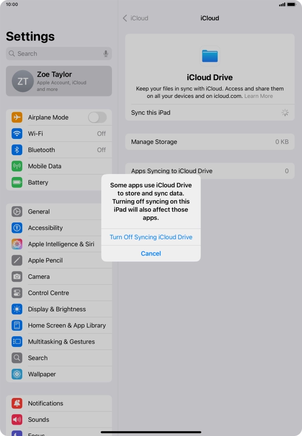 If you turn off the function, press Turn Off Syncing iCloud Drive.