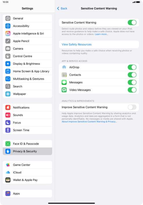 Press the indicators next to the required applications to turn the function on or off.
