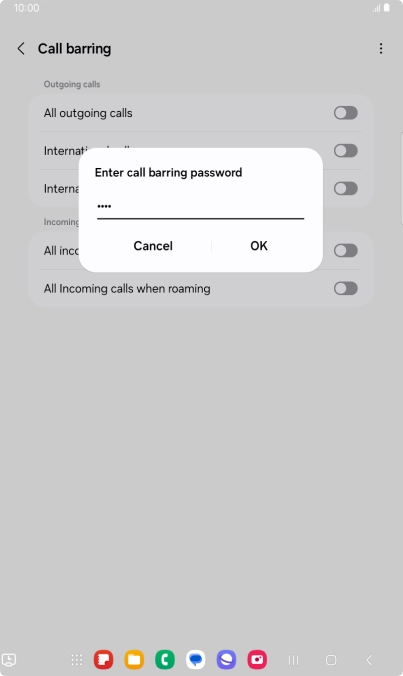 Key in your barring password and press OK. The default barring password is 1919. Key in your barring password and press OK. The default barring password is 1919.