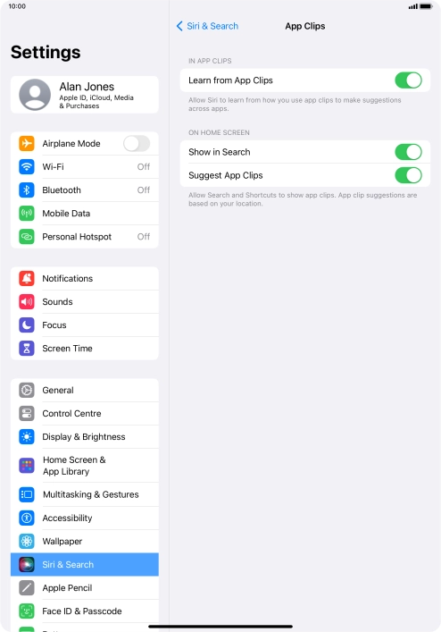 Press the indicators next to the required settings to turn them on or off.