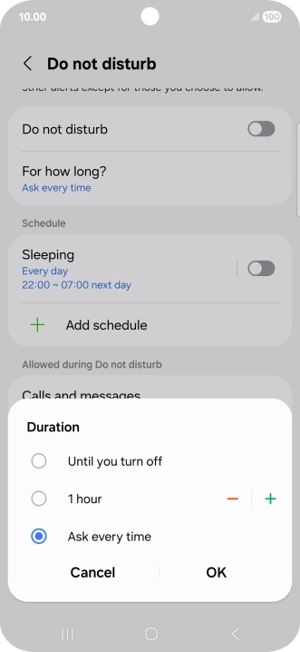 Press the required setting.