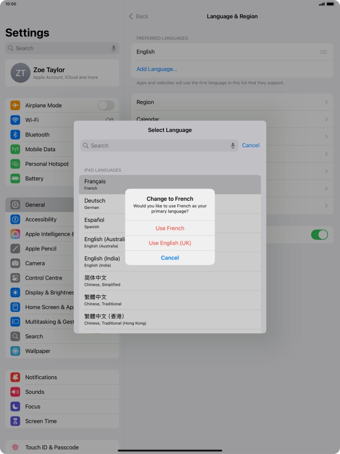 To select the new language as the default tablet language, press Use ‹language›.
