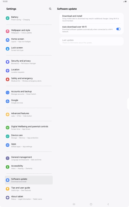 Press Download and install. If a new software version is available, it's displayed. Follow the instructions on the screen to update the tablet software.