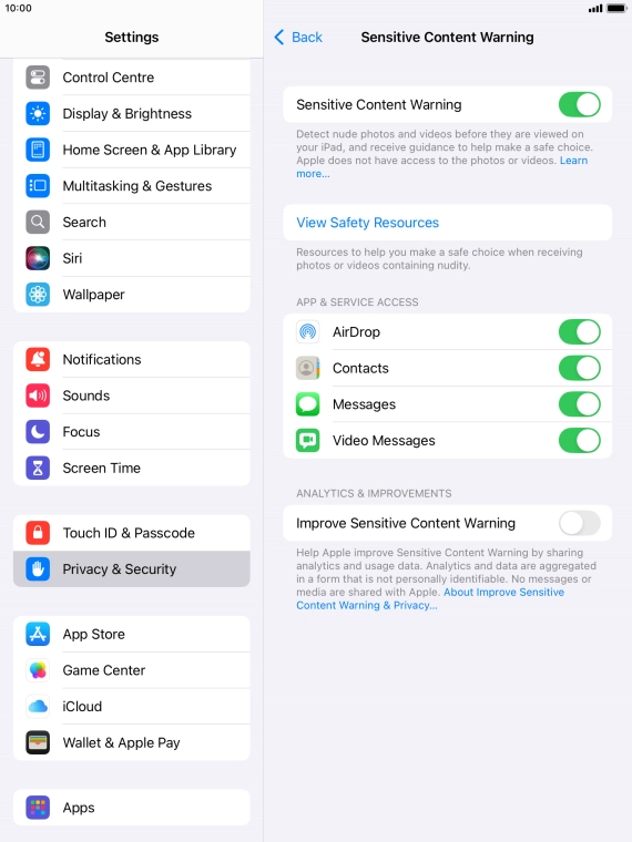 Press the indicators next to the required applications to turn the function on or off.