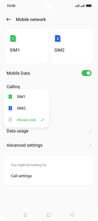 Press the required setting.