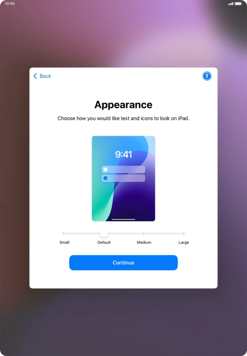 Select the required text and icon size on your tablet and press Continue.