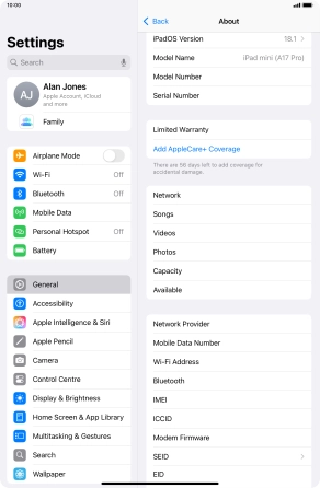 Your tablet's software version is displayed next to iPadOS Version.