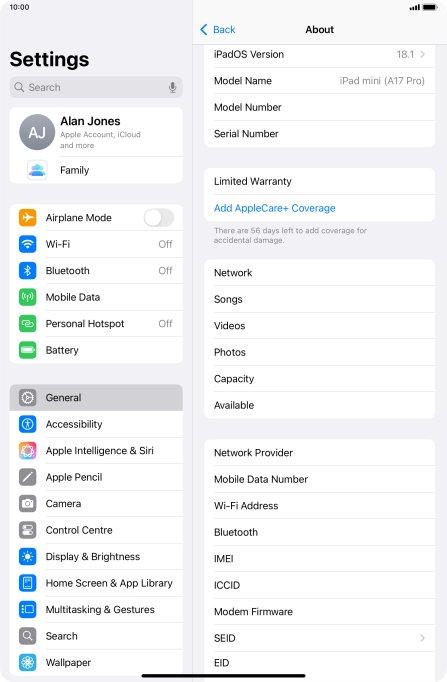 Your tablet's software version is displayed next to iPadOS Version.