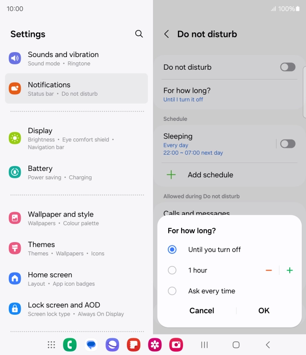 Press the required setting.