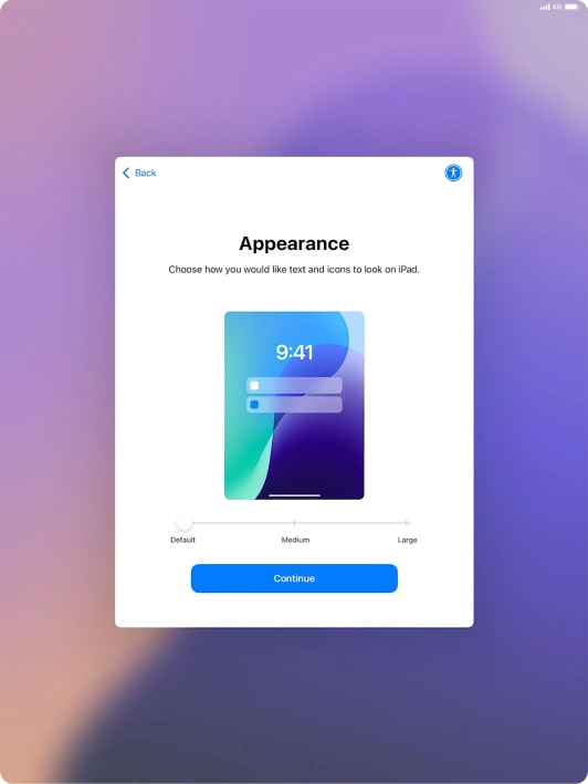 Select the required text and icon size on your tablet and press Continue. Select the required text and icon size on your tablet and press Continue.