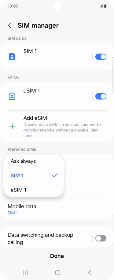 Press the required setting.