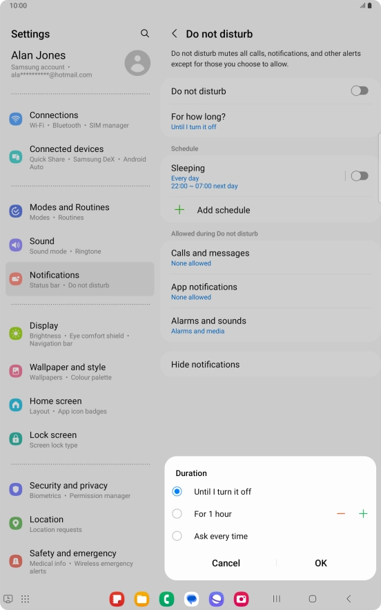 Press the required setting.