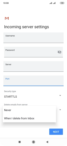 Press Never to keep email messages on the server when you delete them on your phone.