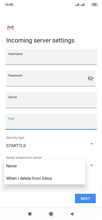 Press Never to keep email messages on the server when you delete them on your phone.