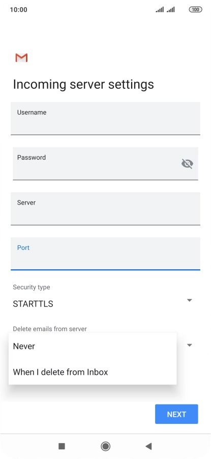 Press Never to keep email messages on the server when you delete them on your phone.