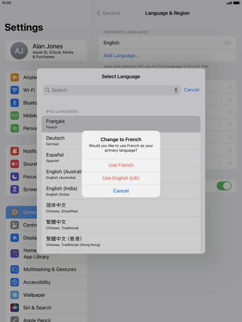 To select the new language as the default tablet language, press Use ‹language›.