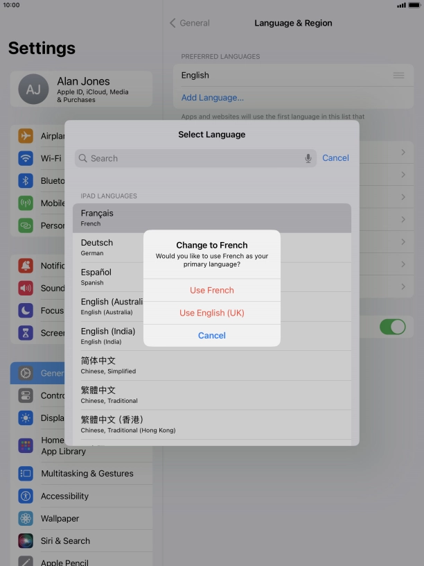 To select the new language as the default tablet language, press Use ‹language›.