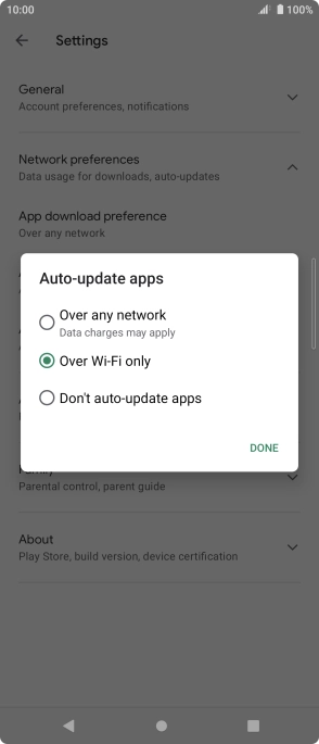 To turn on automatic update of apps using mobile network, press Over any network. To turn on automatic update of apps using mobile network, press Over any network.