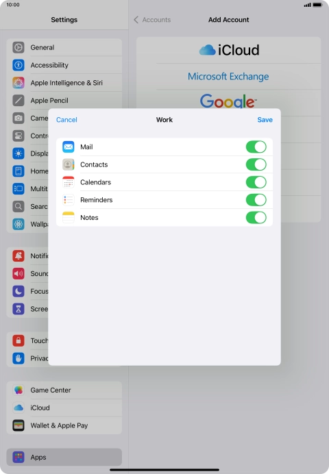 Press the indicators next to the required data types to turn synchronisation of each data type on or off.